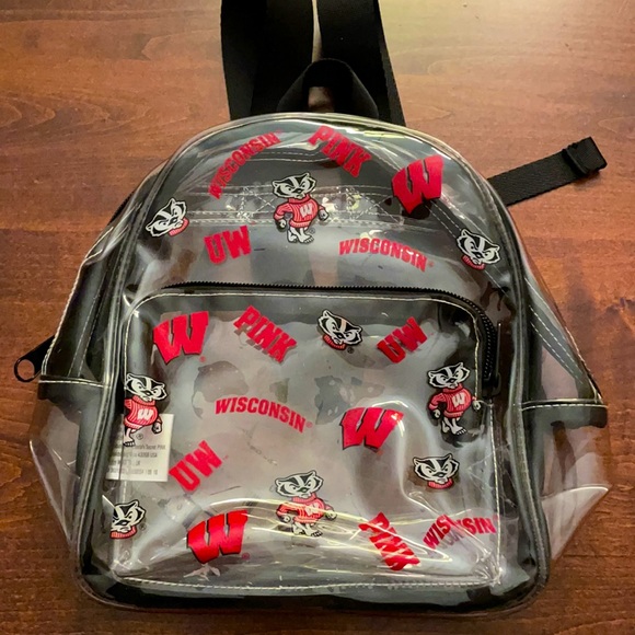 Pink brand clear WI Badgers mini backpack